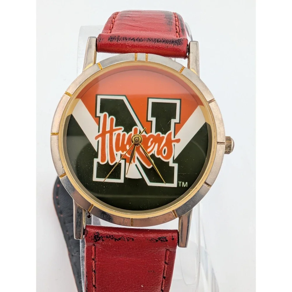 Vintage Nebraska Huskers Unisex Watch 33mm Case Red Leather Band- New Battery